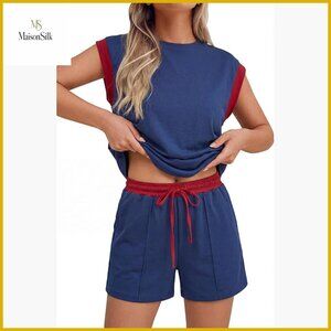 Cotton Blend Two Piece Set Cap Sleeve Top Drawstring Shorts Medium